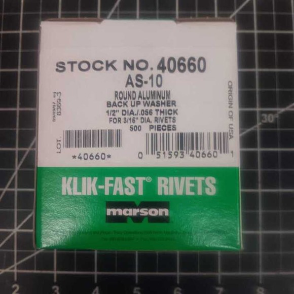 500 Marson Kilk-Fast Rivets Back up Washer 1/2"D .056 Thickness for 3/16" Rivets - Picture 1 of 2